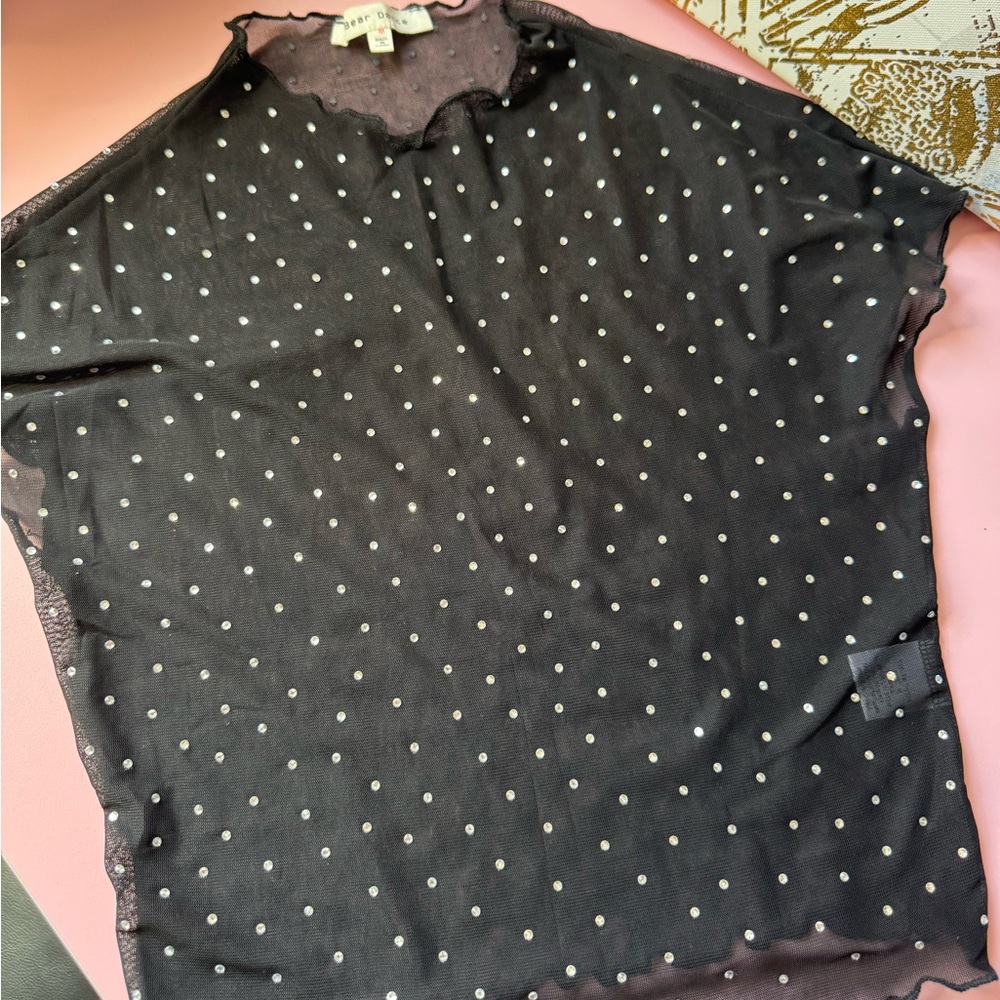 Sheer Black Dot Mesh Top with Pearl-Like Embellishments - Picture 2 of 2